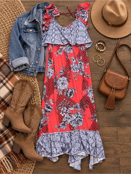 Daily Practice Dresses & Skirts - Daily Practice Coral Floral Snake Print Ruffle Maxi Dress Women’s Large Boho
